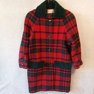 Jacobson’s Vintage Red Plaid Wool Pea Coat Green Velvet Trim Tartan Retro M/L